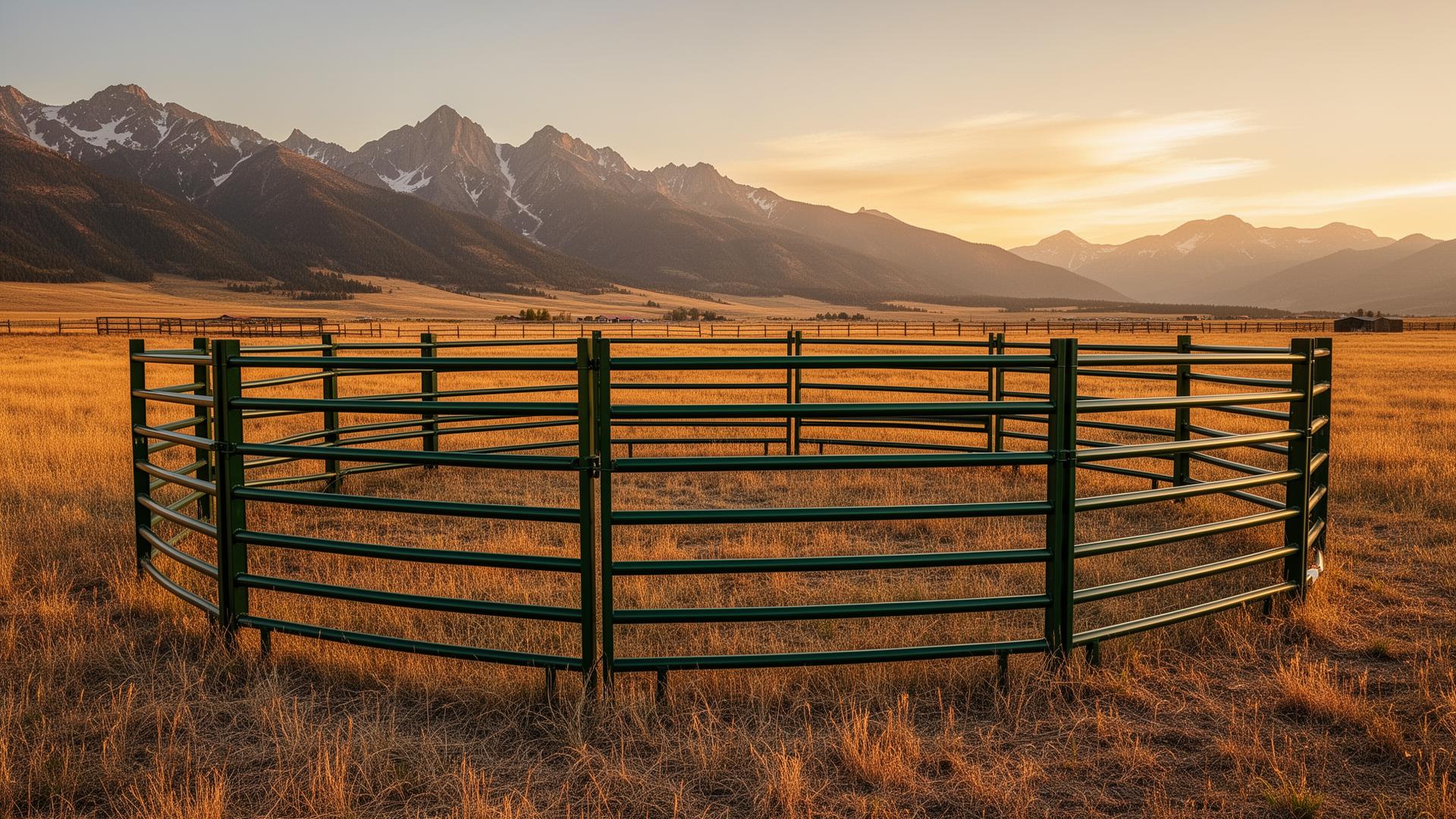 Green powder-coated steel round pen with a horse in a Colorado pasture